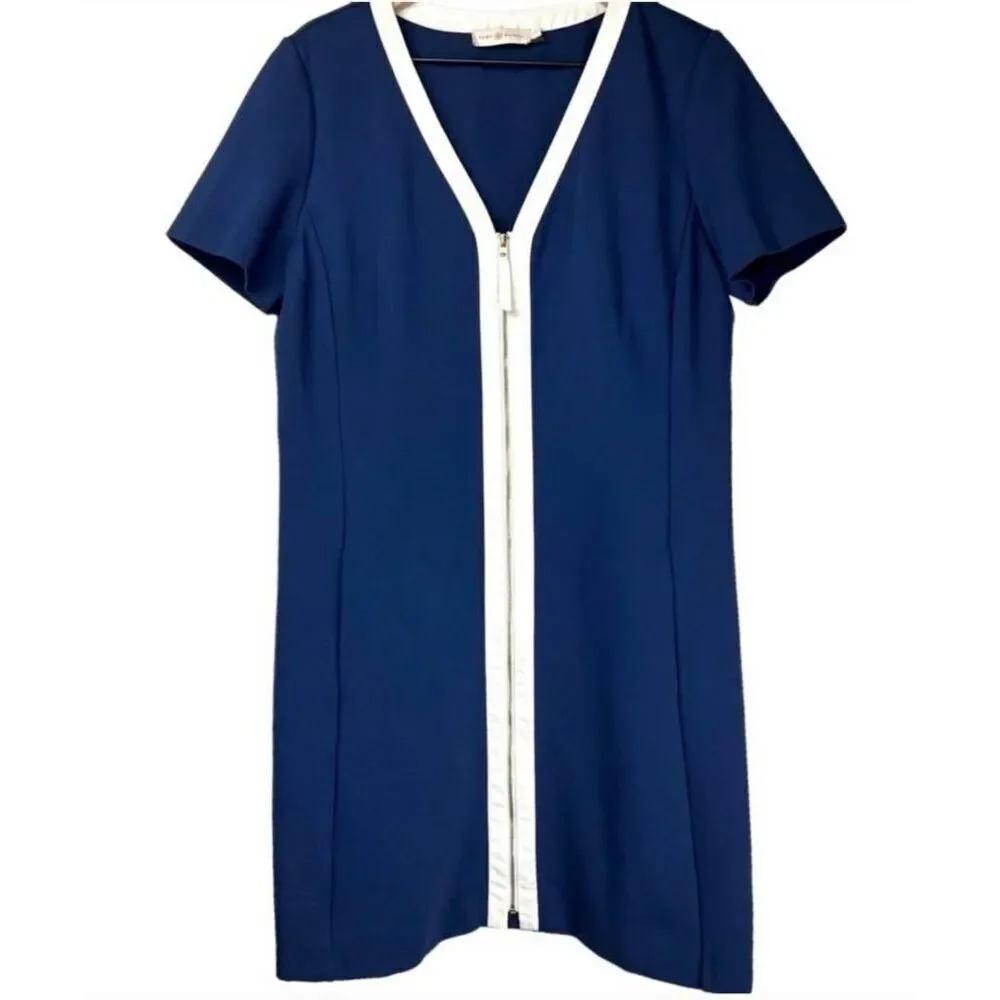 TORY BURCH KIMBERLY ZIP-FRONT DRESS IN NAVY SEA size XS